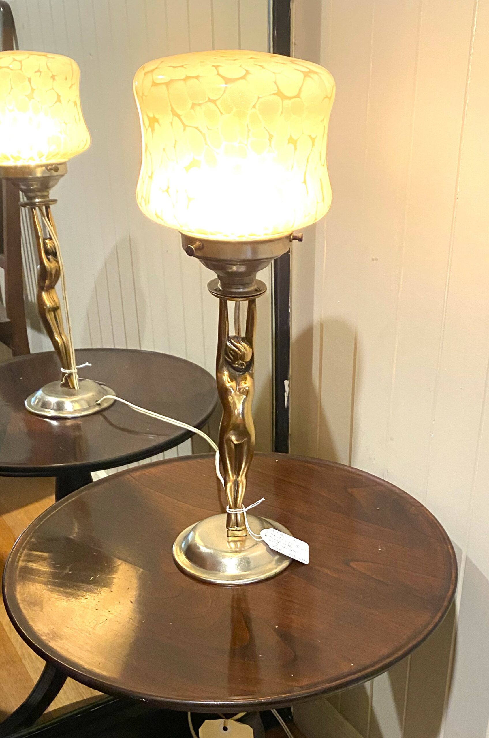 Art Deco brass and chrome lamp with original glass shade circa